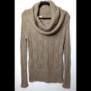 Elle Cowl Neck Sweater S Brown Cabled Open Knit Wool Blend Long Sleeve Tunic Y2K